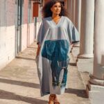 Maiden Linen Bubu Dress with Hand-Painted Elephant Art